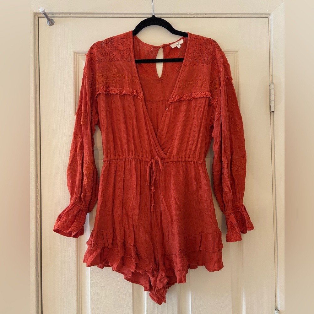 Burnt Orange Lace, Embroidered Romper- Easel